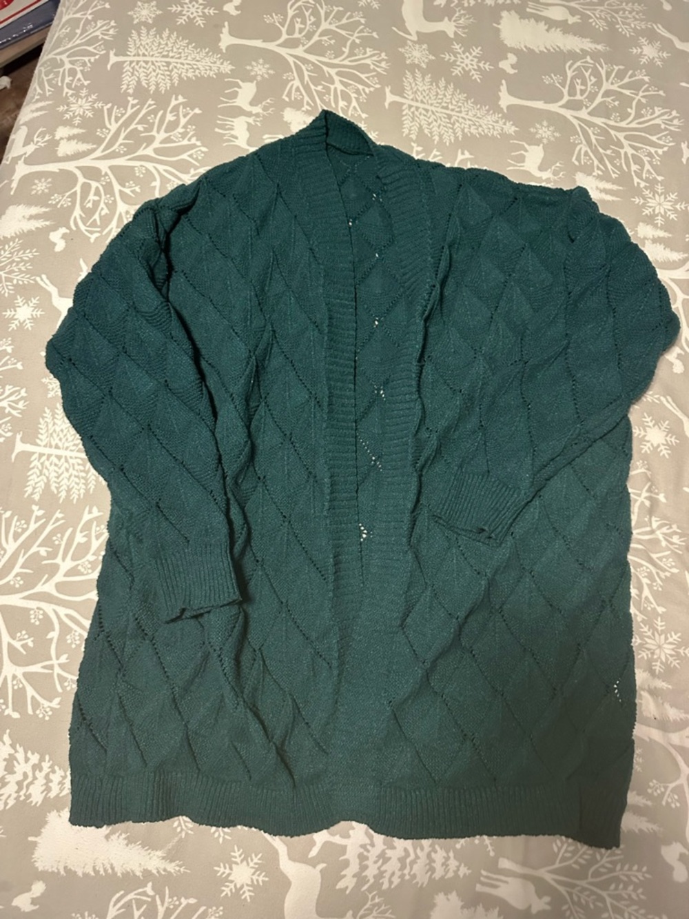 Women's Open Diamond-Knit Teal Cardigan Sweater